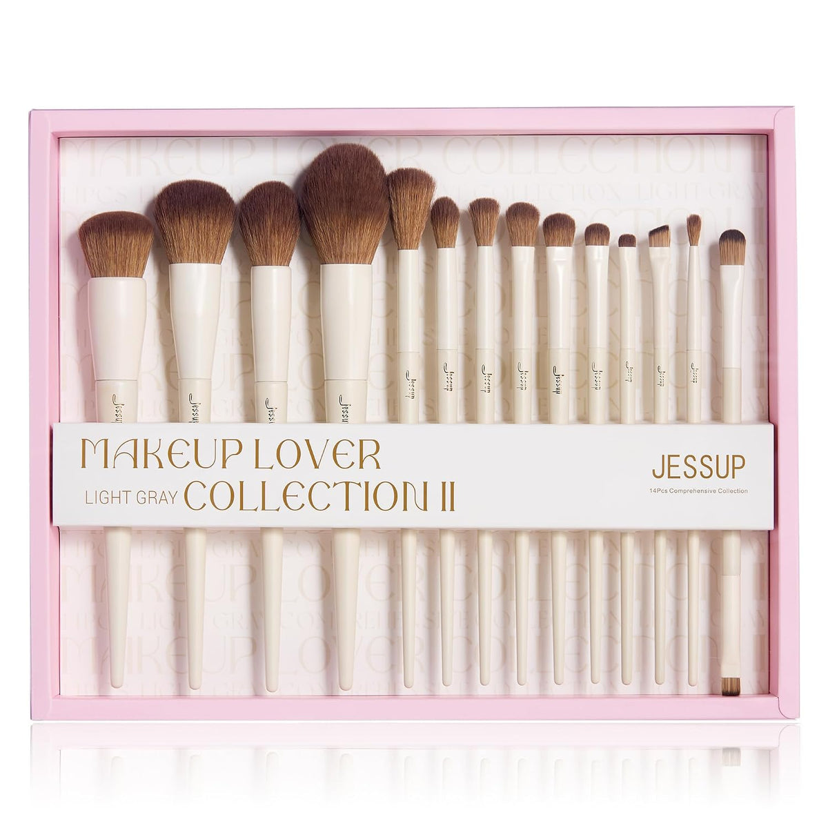 Jessup Makeup Brushes 14Pcs Makeup Brush Set Premium Synthetic Powder Foundation Contour Blush Concealer Eye Shadow Blending Liner Make Up Brush Kit Light Grey T329