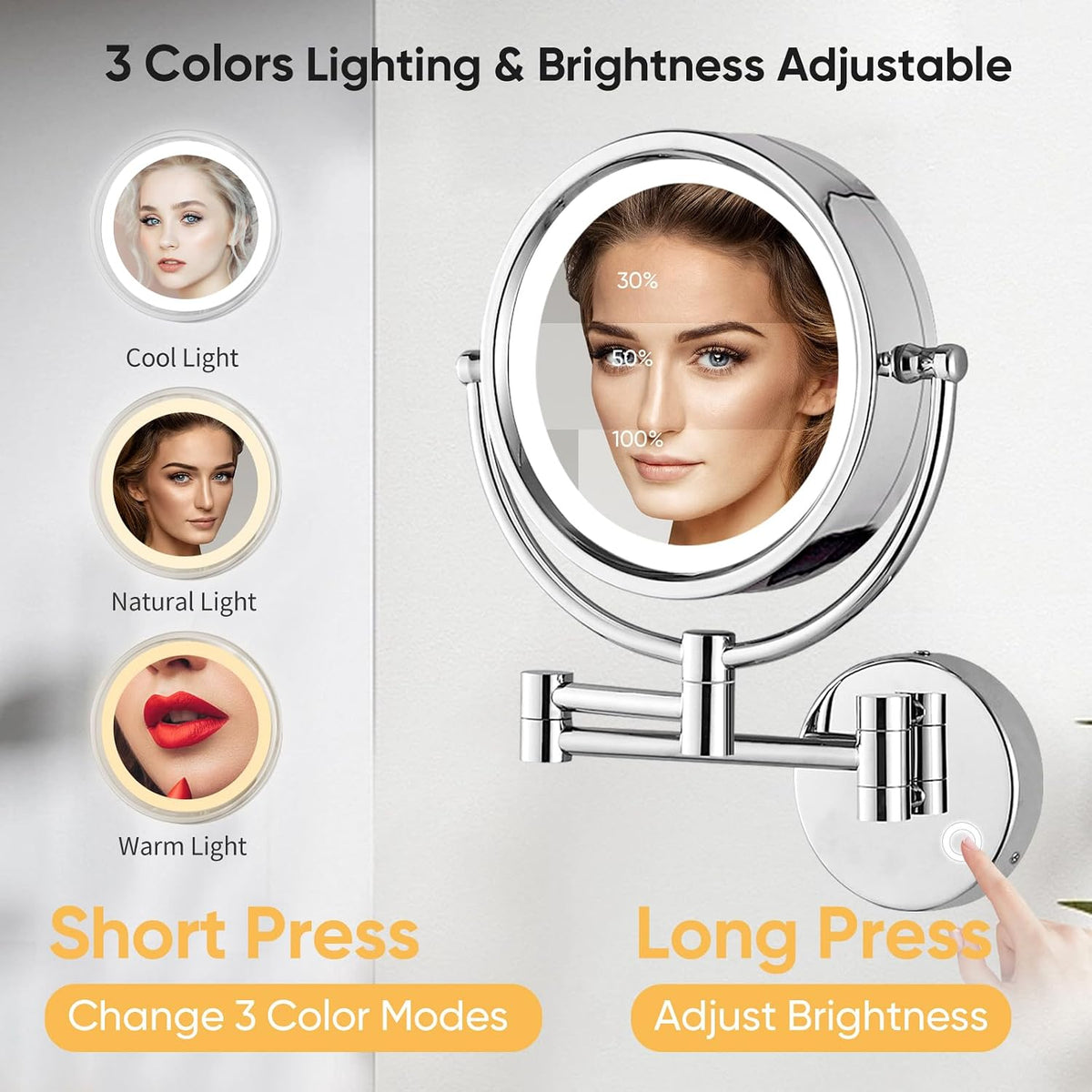 GURUN Hardwired LED Makeup Mirror Wall Mount Extendable Touch Chrome 10x