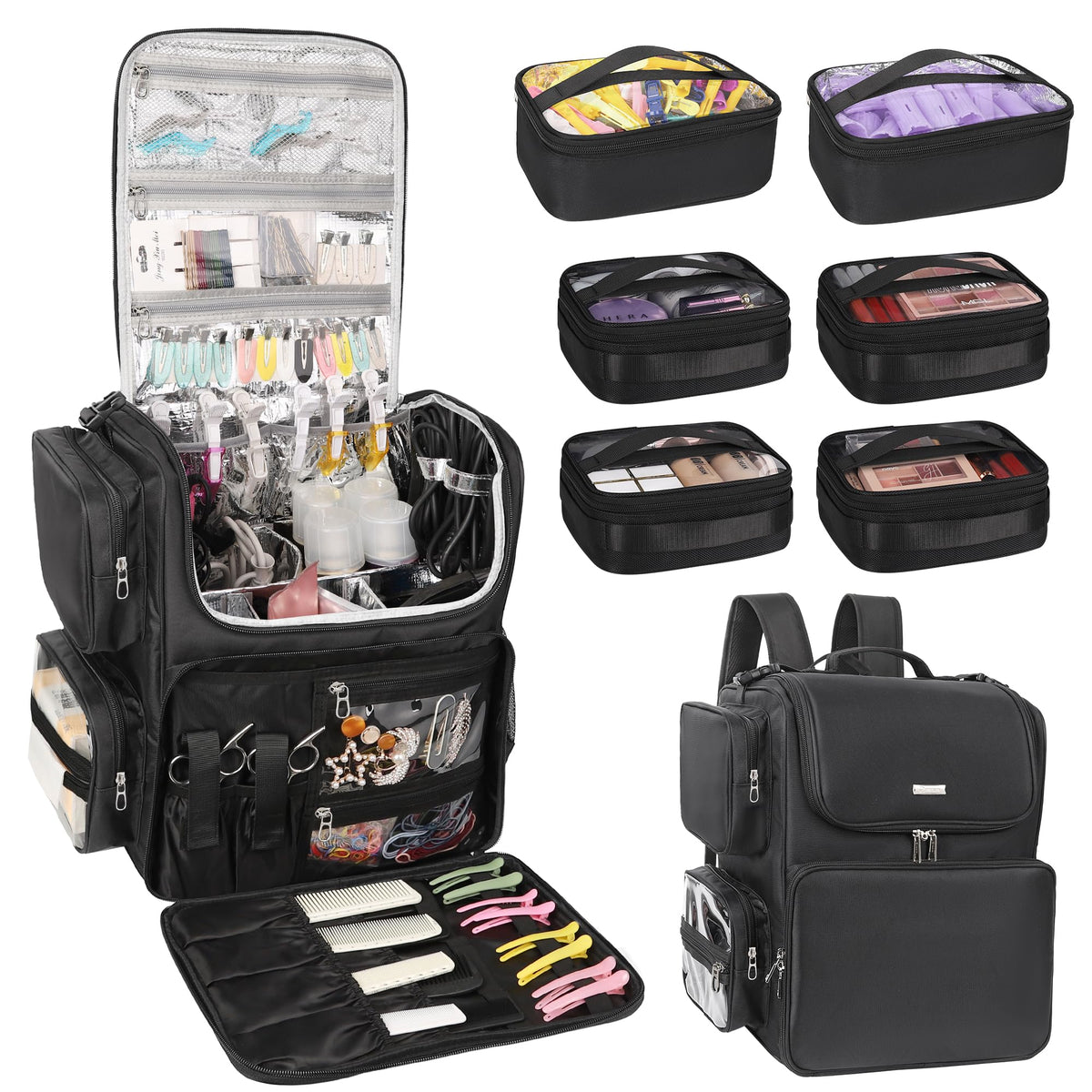 Relavel Hair Tools Travel Bag with Clear Makeup Bag, Hair Stylist BarberBag on Wheels Hairdresser Cosmetology Bag Case with Four 360 Degree Spinner Wheels, Heat Insulation Full Layer for Curling Iron