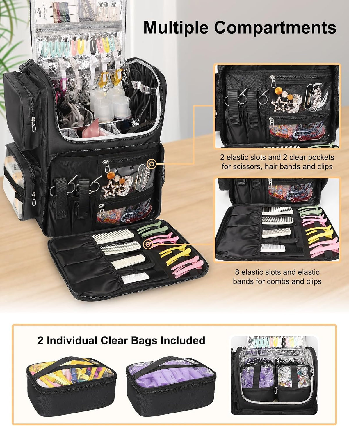 Relavel Hair Tools Travel Bag with Clear Makeup Bag, Hair Stylist BarberBag on Wheels Hairdresser Cosmetology Bag Case with Four 360 Degree Spinner Wheels, Heat Insulation Full Layer for Curling Iron