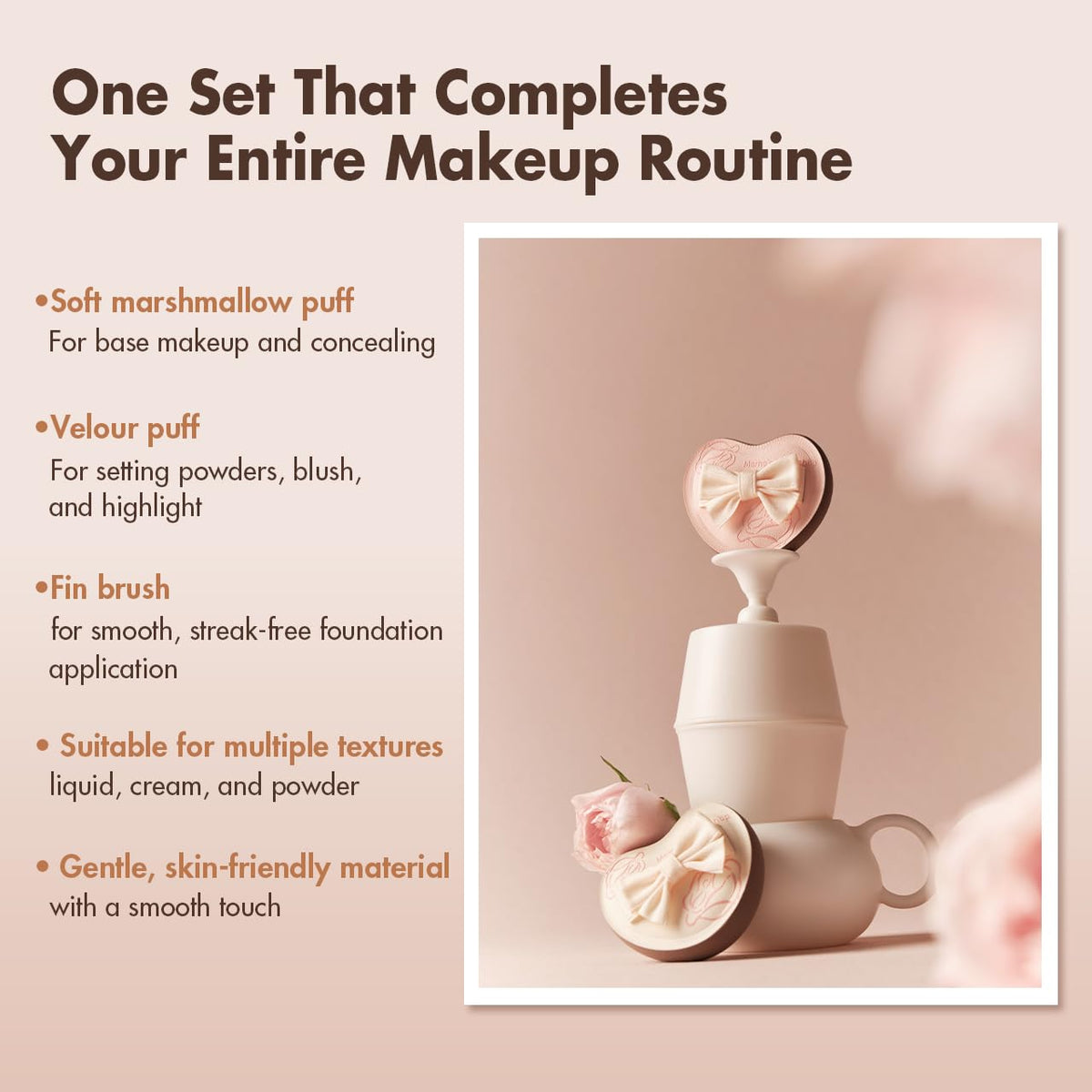 Momo's Workshop Rose Series Makeup Sponge & Brush Set, 13-Piece Beauty Puffs Kit with Beauty Pouch, High-Density Rubycell & Velour Puffs for Foundation, Concealer, Powder