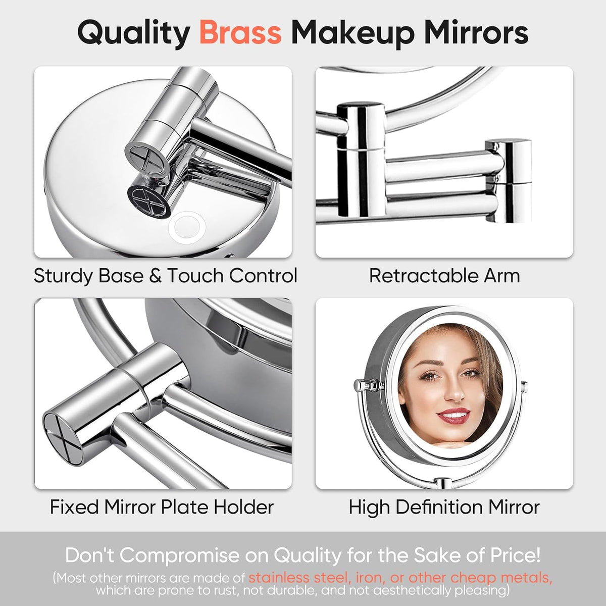 GURUN Hardwired LED Makeup Mirror Wall Mount Extendable Touch Chrome 10x