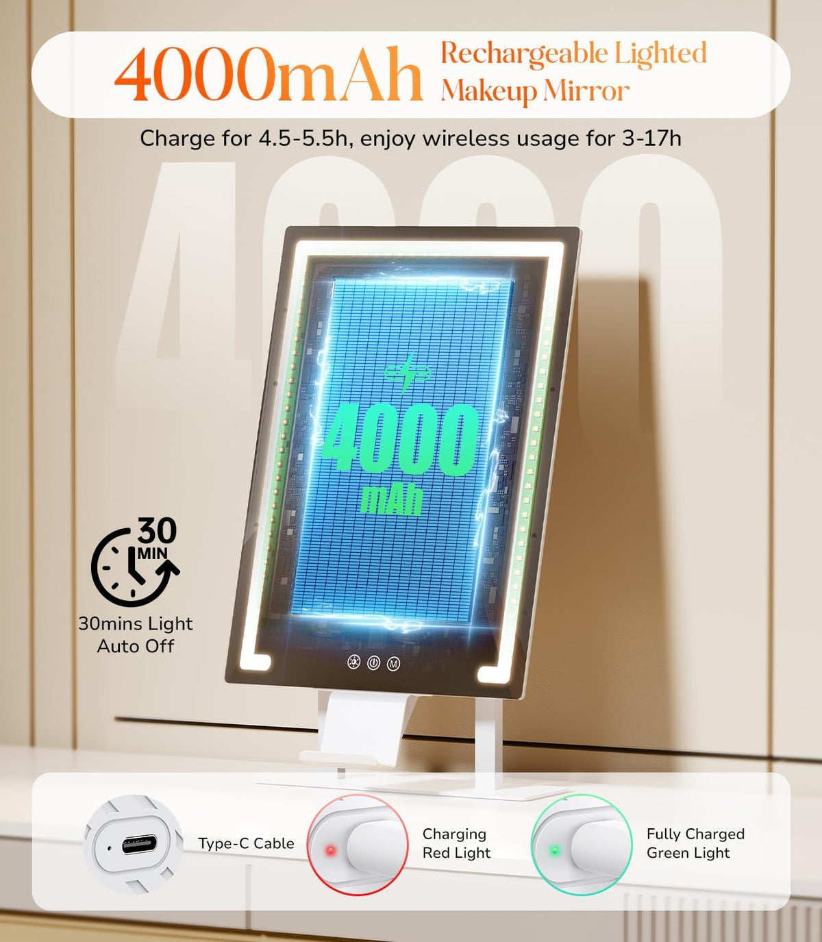 Gospire Hollywood Lighted Makeup Mirror, 4000mAh Rechargeable, 11”x16.8”