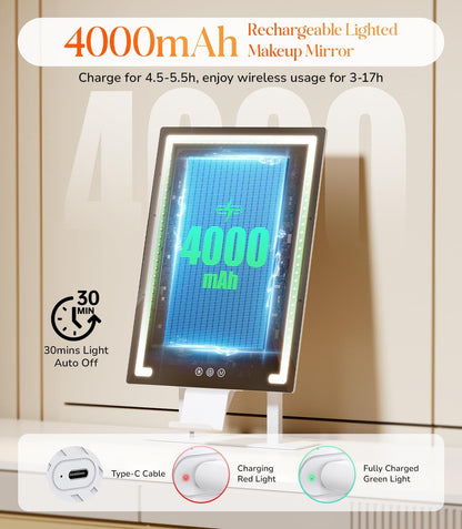 Gospire Hollywood Lighted Makeup Mirror, 4000mAh Rechargeable, 11”x16.8”