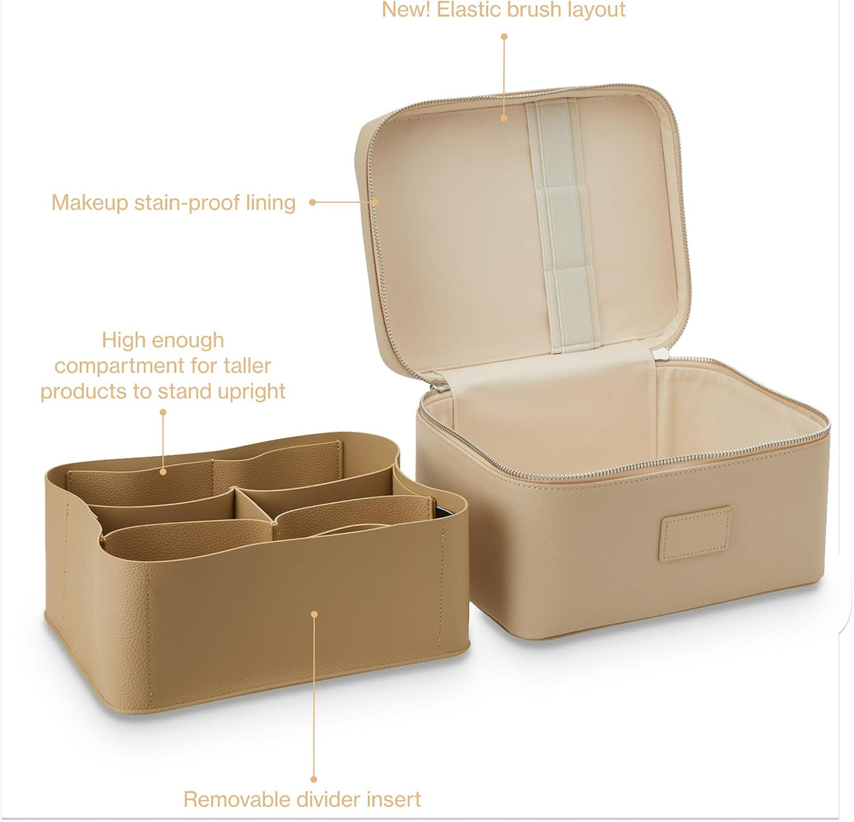 ETOILE Vanity Case Beige, Stylish Travel Makeup Bag Organizer with Dividers