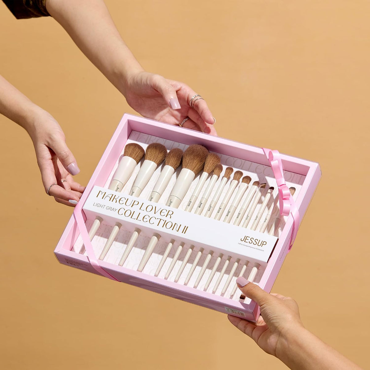 Jessup Makeup Brushes 14Pcs Makeup Brush Set Premium Synthetic Powder Foundation Contour Blush Concealer Eye Shadow Blending Liner Make Up Brush Kit Light Grey T329