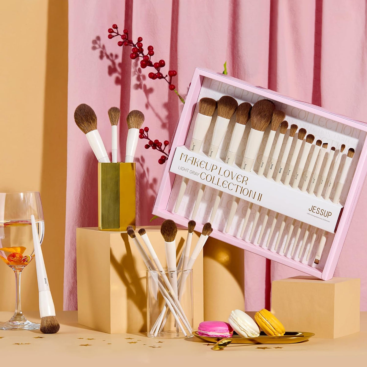 Jessup Makeup Brushes 14Pcs Makeup Brush Set Premium Synthetic Powder Foundation Contour Blush Concealer Eye Shadow Blending Liner Make Up Brush Kit Light Grey T329