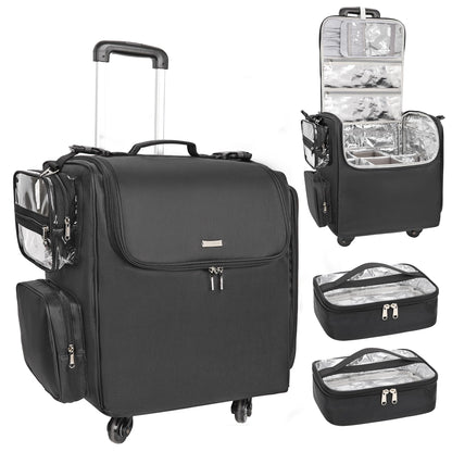 Relavel Hair Tools Travel Bag with Clear Makeup Bag, Hair Stylist BarberBag on Wheels Hairdresser Cosmetology Bag Case with Four 360 Degree Spinner Wheels, Heat Insulation Full Layer for Curling Iron